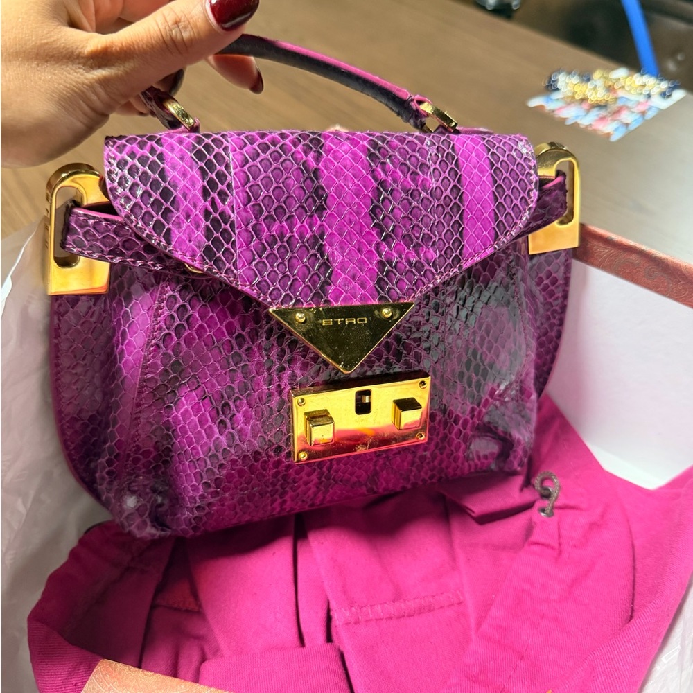 Etro Pink Python-Effect Top Handle Bag with Gold Hardware